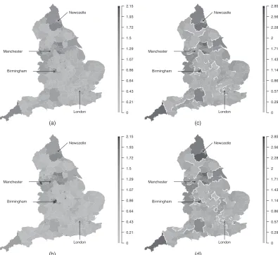 Fig. 4.Maps showing (a), (b) the average risk surface and (c), (d) the unexplained component of the risksurface for (a), (c) circulatory disease and (b), (d) respiratory disease:, step changes that have beenidentiﬁed by using a cut-off of pik ⩾0:99 in model 5