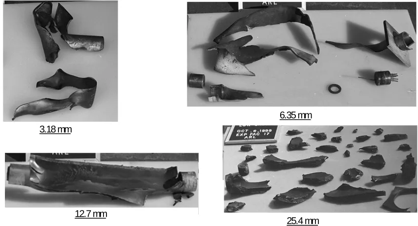 Figure 5.  Typical fragments from tubes loaded with TNT for various tube thicknesses.