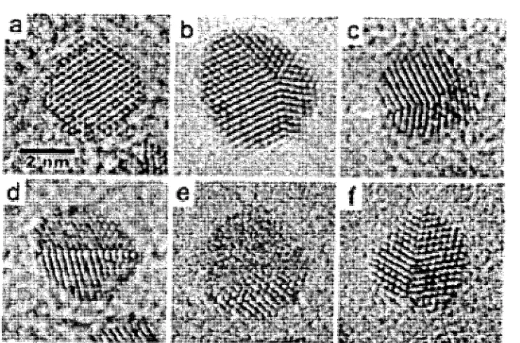 Figure 1-7 mi. Typical HRTEM micrographs of NPs stabilized by dodecanehiol 4.1 nm sample, (a) fee clusters, (b and c) decahedra, (d-f) multidomain particles