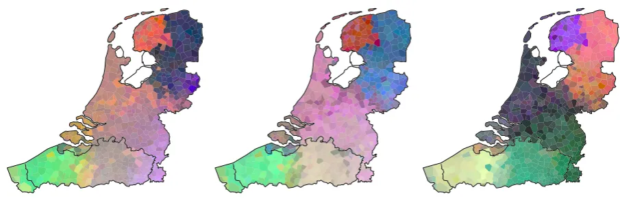 Figure 3: MDS analysis of Pennsylvanian dialects. The shades represent only the ﬁrst MDS dimension.The distances are based on distances of bidirectional recurrent autoencoder representations (left), unidi-rectional (middle) and aggregate Levenshtein distan
