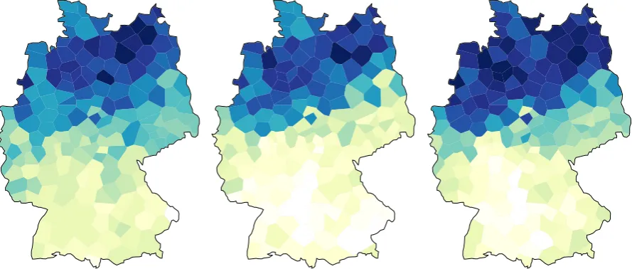 Figure 6: MDS analysis of the German dialects. The shades represent only the ﬁrst MDS dimension.The distances are based on distances of bidirectional recurrent autoencoder representations (left), unidi-rectional (middle) and aggregate Levenshtein distance (right).