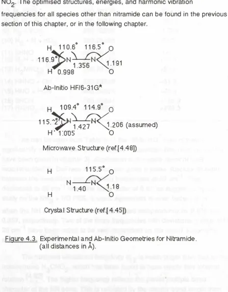 Figure 4.3. Experimental an� Ab-lnitio Geometries for Nitramide. (all distances in A)