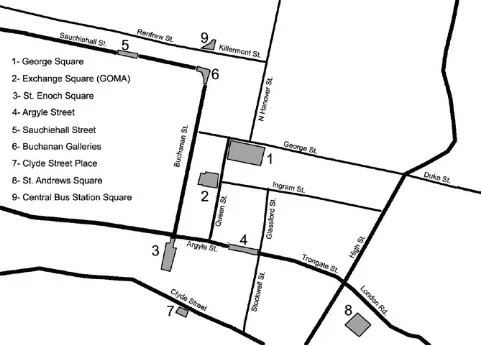 Figure 1. The location of the nine selected urban open spaces  in Glasgow City Centre