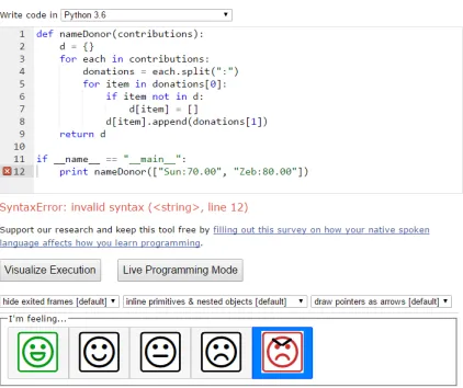 Figure 1.1 Code example on Python Tutor with HappyFace affect survey