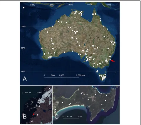 Fig. 1 Position of BASE sample sites (August 2015). a Australian mainland and Christmas Island samples; b location of Antarctic samplinglocations (white), with Davis station indicated in red; and c finer detail of sampling position indicated by red arrow in (a)