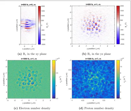 Figure 6. The magnetic ﬁeld evolution in 3D PIC simulations and its inﬂuence on the electron and proton density distributions in theacceleration plane.