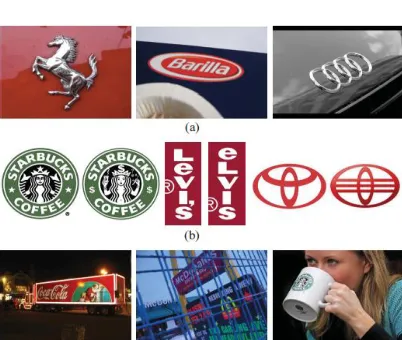 Figure 1 (a) Examples of popular logos depicting real world objects, text, graphic signs, and complex layouts with graphic details