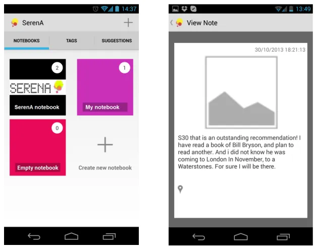 Figure   2:   Screen   shots   of   The   SerenA   Notebook.   Left:   Notebooks   created   using   the   SerenA   app