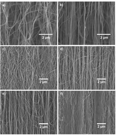 Figure 5.4 SEM images of (a) as-drawn CNT dry ribbon showing wavy nanotubes, (b) stretched CNT dry ribbon representing reduced CNT waviness, (c) non-stretched CNT/nylon 6,6 composites showing wavy nanotubes, and CNT/nylon 6,6 composite after stretching wit