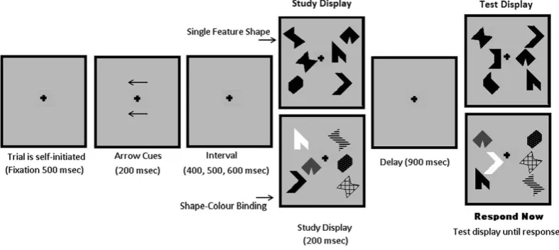 Figure 1. Chronology and design of the Visual Short Term Memory tasks. Arrow cues indicate to the participant the hemifield being tested before stimulus.