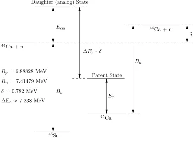 Figure 3.1: Analog state energy schematic for the energy of the last proton in the daughter nucleus, and Bneutron in the parent nucleus, are from the 2003 mass evaluation of the National Nuclear45Ca and 45Sc system