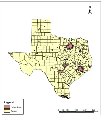 Figure 5-Urban Areas in Texas in Year 2015 Based on Censes 2000 Criteria