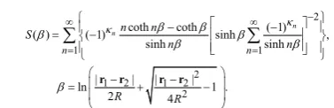 Figure 2: (color online) Normalized electrostatic force versus normalized  distance, ξ=x/R, between two like (line 1) and unlike (line 2) charged particles as per Eq