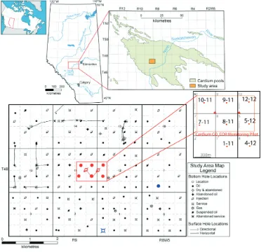 Figure 1.  Location Map of the PCCMP in the Cardium pool, Pembina Field, adapted from Dashtgard et al