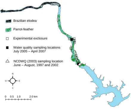 Figure 2.  Parrot-feather and Brazilian elodea approximate coverage, and experimental exclosure and water quality sampling locations on Lookout Shoals Lake, North Carolina