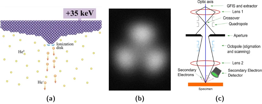 Figure 3.1: The GFIS in the GIM. (a) A schematic view of a GFIS [127]. (b) Imaginga trimer in SFIM mode in a Gas Field Ion Source microscope [126]