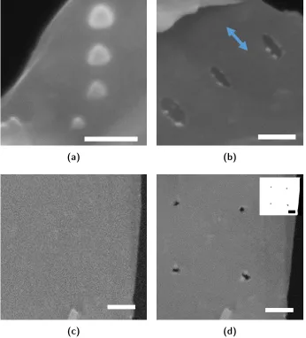 Figure 5.1: SEM images of electron irradiated graphene with and without nitrogengas. (a) Four spots of beam deposited carbon before the nitrogen gas was introduced,each produced with dierent beam dwell times (beam energy 5 keV)