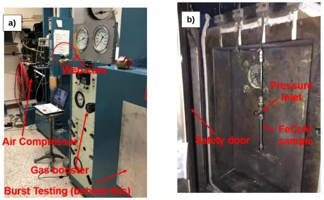 Figure 3.8. Burst testing equipment a) From front, b) From back, c) Image captured by webcam         