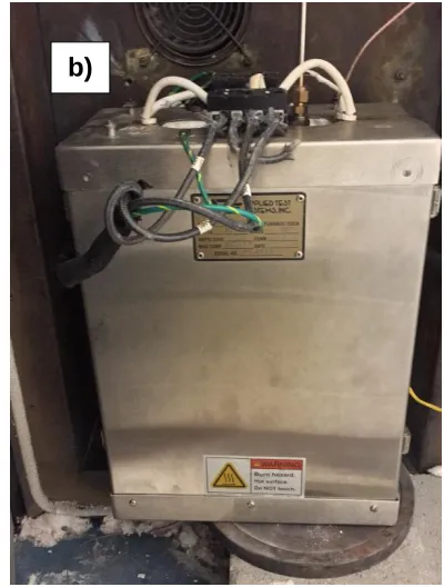 Figure 3.9. a) Image captured by webcam during a sample rupture and b) Furnace used for burst 