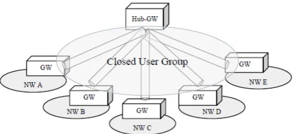 Figure 2.7: Architecture of the Full-Mesh IPsecVPN, where each IPsec gateway(GW) of a private network (NW) is connected to all the other gateways [89].
