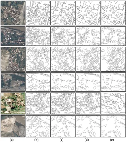 Figure 5. The ground truths of six test images interpreted by different experts. (a) Original images:from top to down are T1–T6; (b–e) Four expert interpreted ground truths.