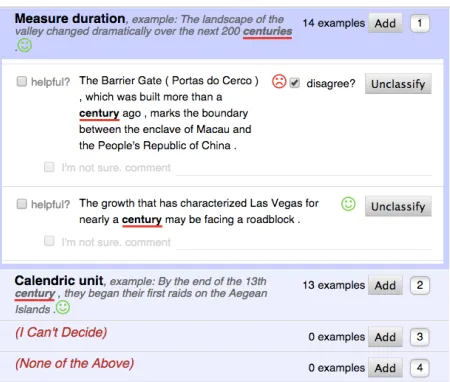 Figure 2: Close-up of task UI used with feedback. Greensmiling and red frowning icons indicate correctness of anannotator’s selection with respect to the correct (gold) an-swer, but annotators are allowed to indicate disagreementwith the feedback.