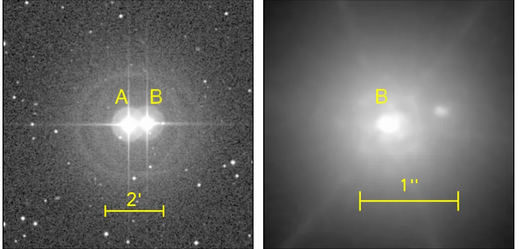 Figure 1. Images of the 30 Ari system from the Digital Sky Survey (left) and Keck observations (right)