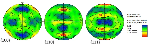 Figure 4. Plots of polfigures obtained by EBSD for the as rolled sheet 