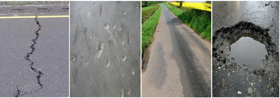 Fig : Example defects cracking, pop-outs, wear and polishing and potholes 