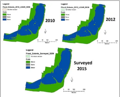 Figure 4. 27 Flood surface extents applied to the three TIN DEMs over the 9.2 ha study area 
