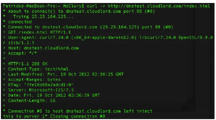 Figure 6 - Curl request to test domain with primary A record in failed state (note timeout and new IP) 