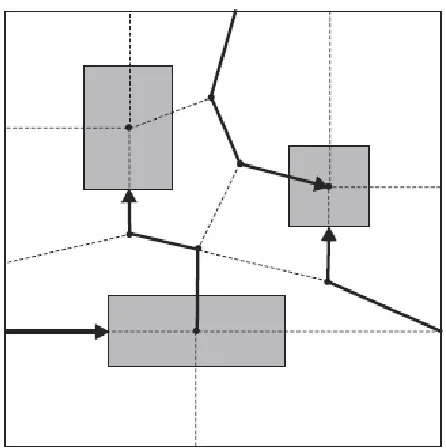 Figure 2.3: An example of node movement in the OM Model. Shaded rectangles representobstacles such as buildings