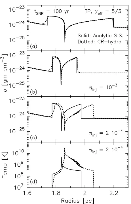 Fig. 7. Density (top three panels) versus radius for two NL modelsand a TP model, as indicated, at tsnr = 100 yr