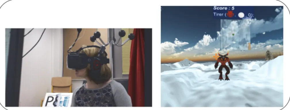 Figure 2: A participant (left) playing the “Think and Shoot” virtual environment (right).