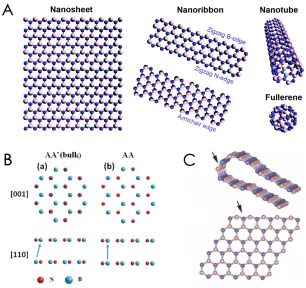 Figure 2.5: Boron nitride. A) The various structures that can be formed from a boron nitride nanosheet