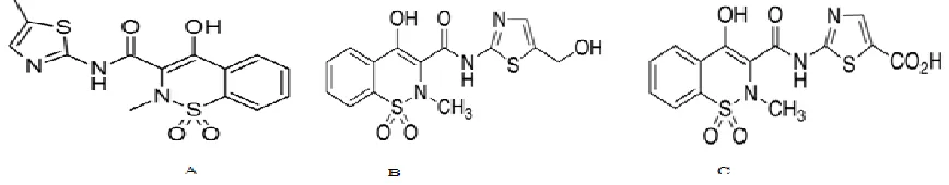 Figure 1: Structures; A) meloxicam, B) 5-hydroxy meloxicam, C) 5-carboxy meloxicam. 