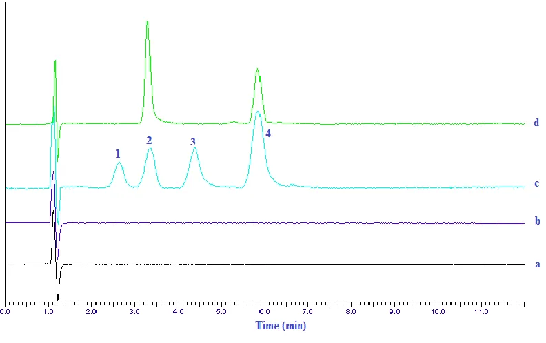 Figure 4: HPLC chromatogram’s of various samples, Peak-1; 5-hydroxy meloxicam, 2; internal standard, 3; 5-