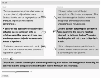 Figure 1: Our modiﬁed evaluation layout showing: the translation (i() ; the source (ii) , (iii) ; the referenceiv) , (v) ; and the scoring slider.