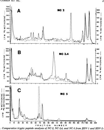 FIG. 7.from23,4Cochromatography from Comparative tryptic peptide analysis of NC-2, NC-3,4, and NC-5 from HSV-1 and HSV-2 capsids