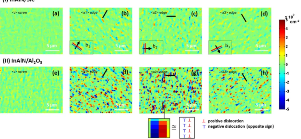 Fig. 7. ECCI micrographs exhibiting sub-grain contrast and showing threading dislo-cations