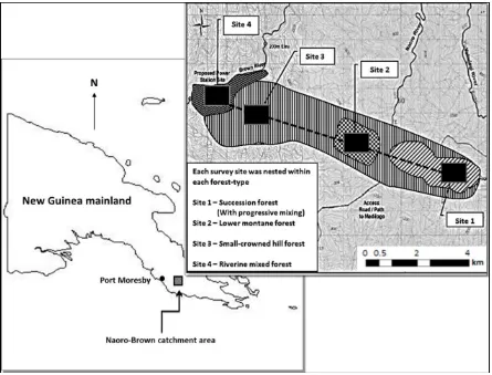 Figure 2.1. Orientation of the study sites showing the four forest types along a 13-km transect