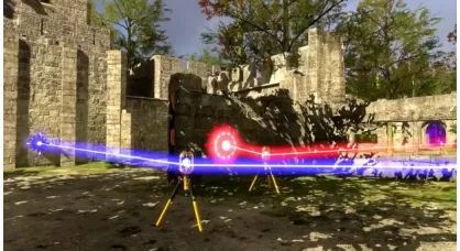Fig. 13. Screenshot from The Talos Principle (2014), showing path-buildingwith lasers.