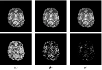 Figure 3.7: The T1-Maps generated by (a)2 (b)6 and (c)10 ﬂip-angles on the top row, andtheir corresponding error maps on the second row.