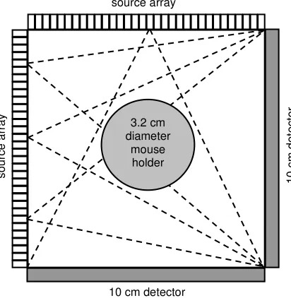 Figure 1.1: Geometry of a proposed rotation-free micro-CT system design, in which two source arrays form two contiguous sides of a square, and two detectors form the other two sides