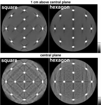 Figure 3.4. Transaxial slices from the reconstructions (saved at 5 iterations) of the multi-spheres phantom from the square (left column) and the hexagonal (right column) geometries