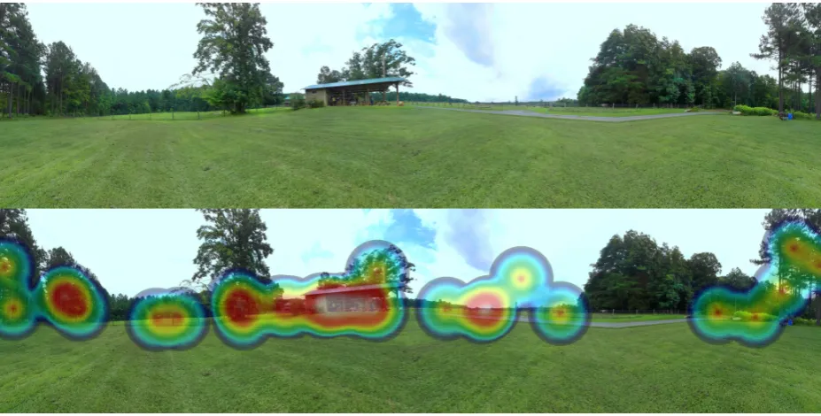 Figure 3. Example of an unfolded virtual environment without (above) and with (below)  a heat map visualization of points generated with the place marker application