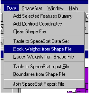 Fig. 1. The Data Menu in the SpaceStat Extension for ArcView 