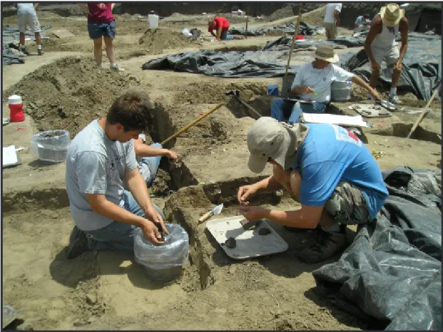 Figure 2.  Excavation of pottery and lithic artifacts at the Janey B. Goode Site in St
