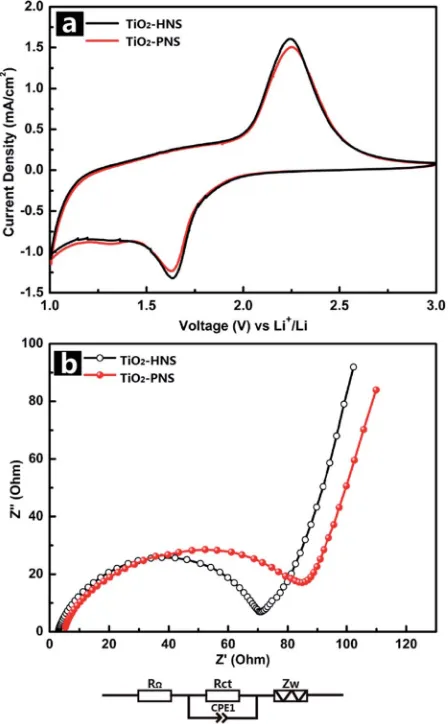 Fig. 5(a) Initial chargeperformance of the TiO–discharge voltage proﬁles and (b) cycling2-HNSs and TiO2-PNS at a current rate of 1 Cbetween 1.0 and 3.0 V.