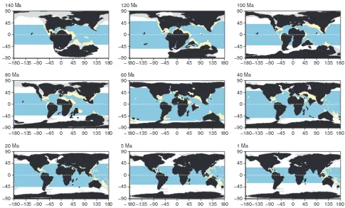 Figure 1 | Distribution of shallow and deep ocean sea ﬂoor across the past 140 Myr. The latitudinal tropical limit was obtained from the fossil distributionof coral species